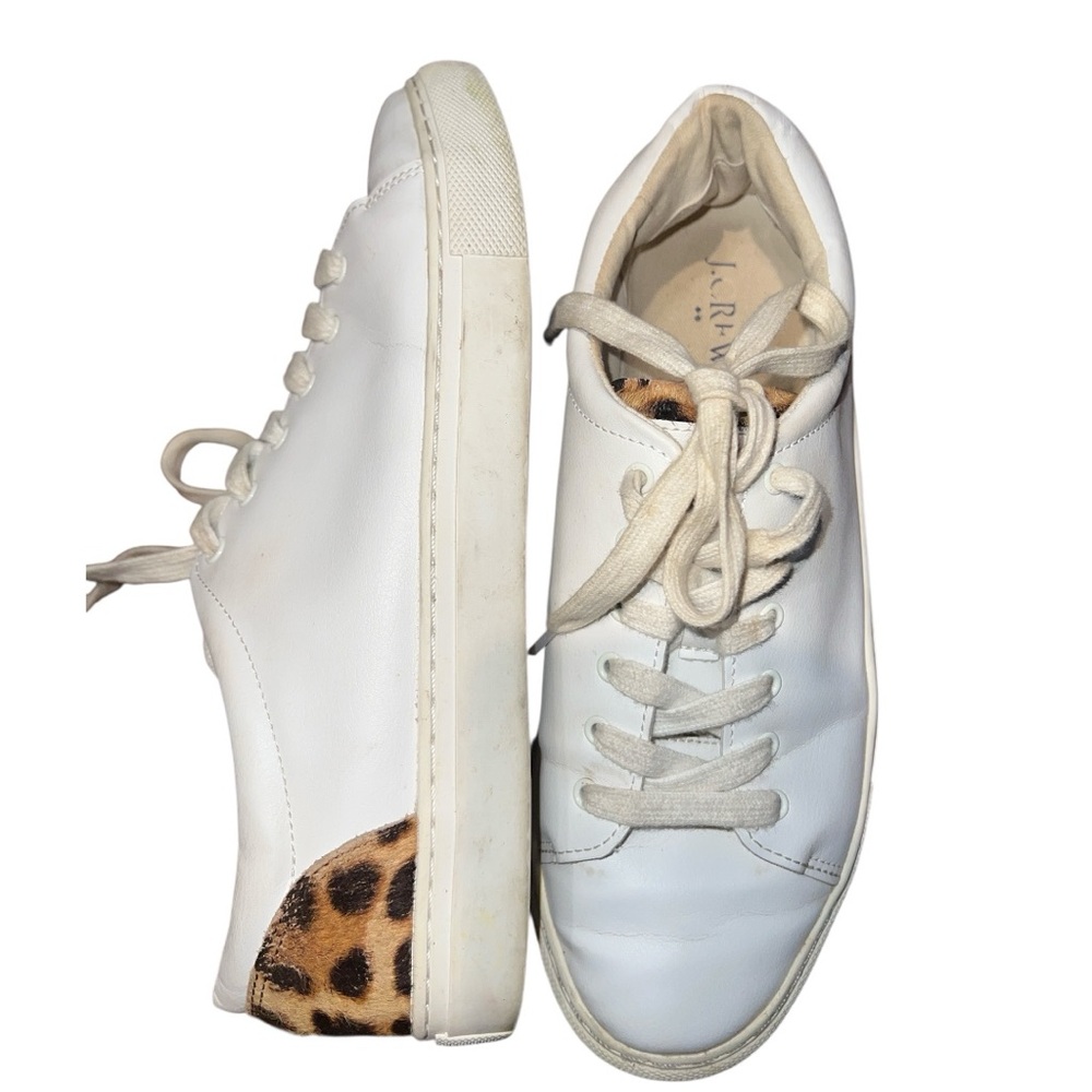 J.Crew White leather Leopard Accent White Sneakers 8.5